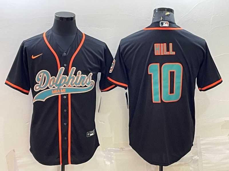 Mens Miami Dolphins #10 Tyreek Hill Black With Patch Cool Base Stitched Baseball Jersey->miami dolphins->NFL Jersey